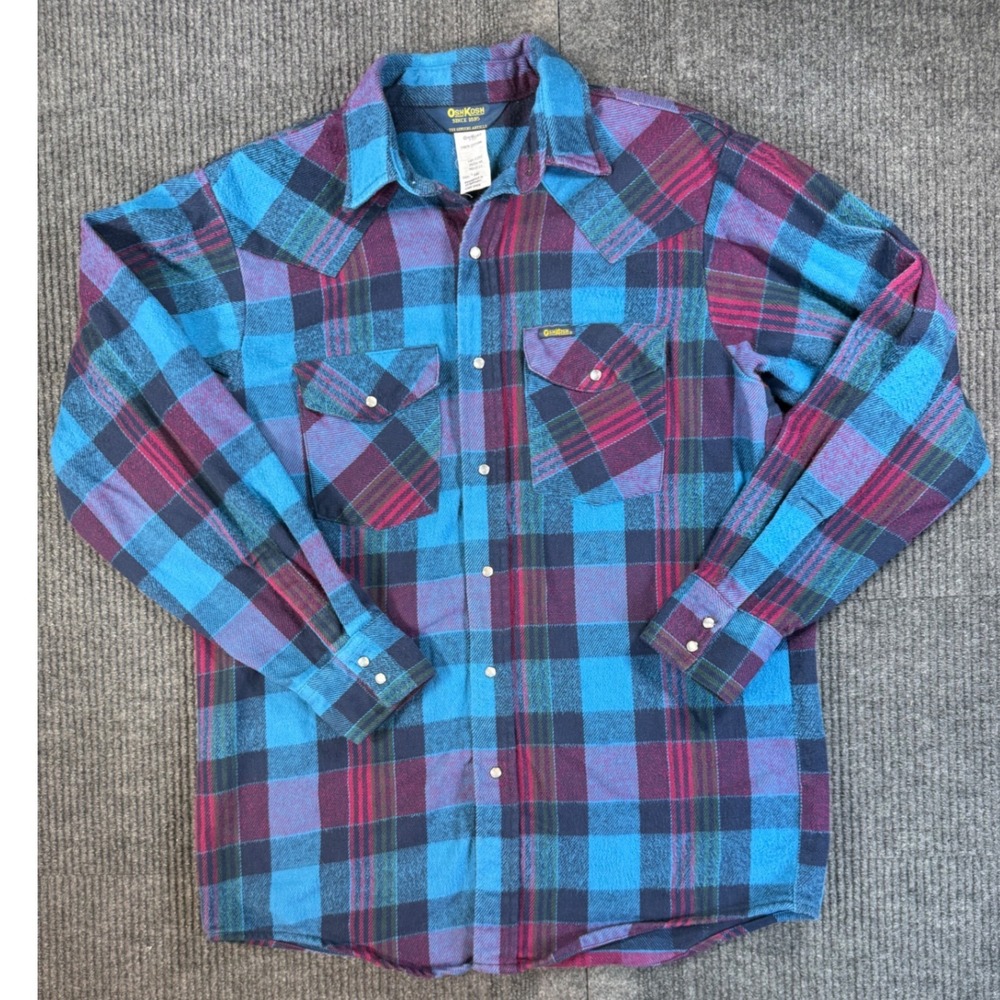90s OshKosh Bgosh Mens Medium 100% Cotton Plaid Western Pearl Snap Flannel Shirt
